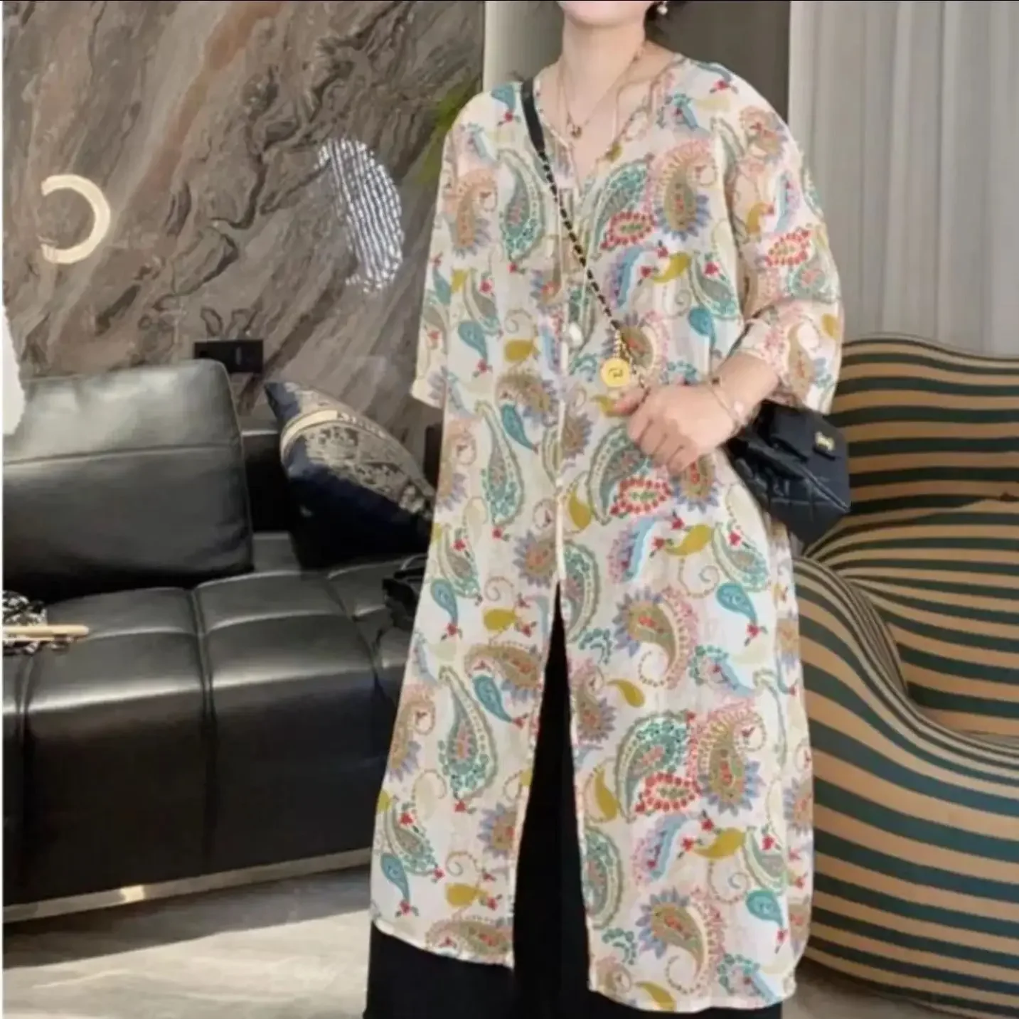 Camisa de gasa con estampado floral, estilo francés, manga larga holgada de verano