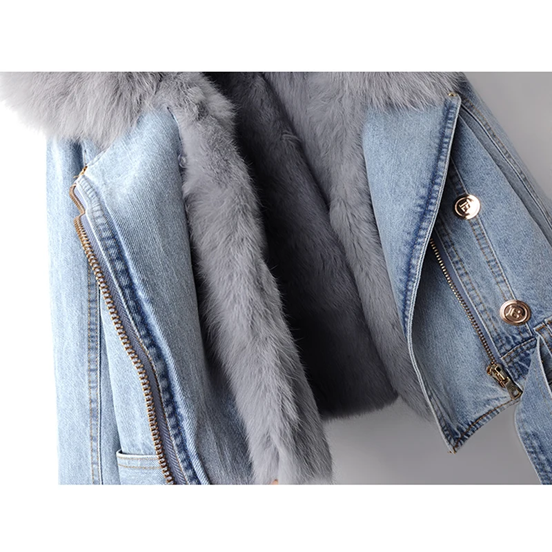 Real Fox Fur Collar Rabbit Fur Liner Denim Jacket Women Cowboy Outerwear Winter Thick Loose Short Hem Belt Jeans Jackets Female