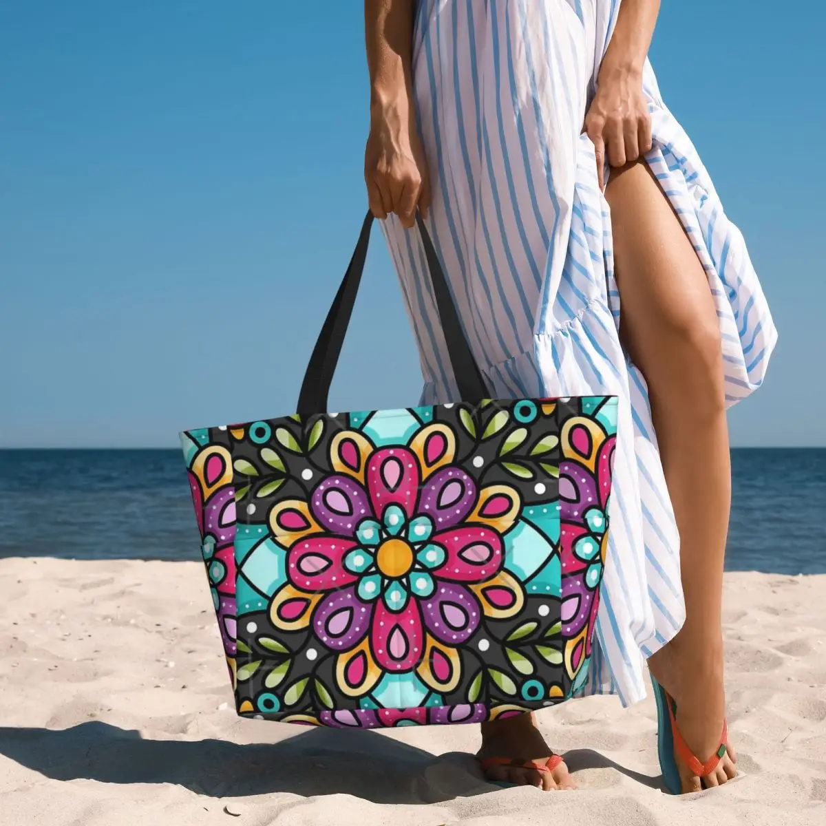 Bolsa de viaje de playa con Mandala Floral de estilo mexicano, bolso de mano con personalidad, bolso de hombro de viaje práctico, patrón multiestilo