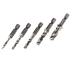 5pcs Tap Drill Bit Set Hex Shank Thread Metric Tap HSS Screw Thread Bit Screw Machine Compound Tap For Metal Steel Wood Plastic