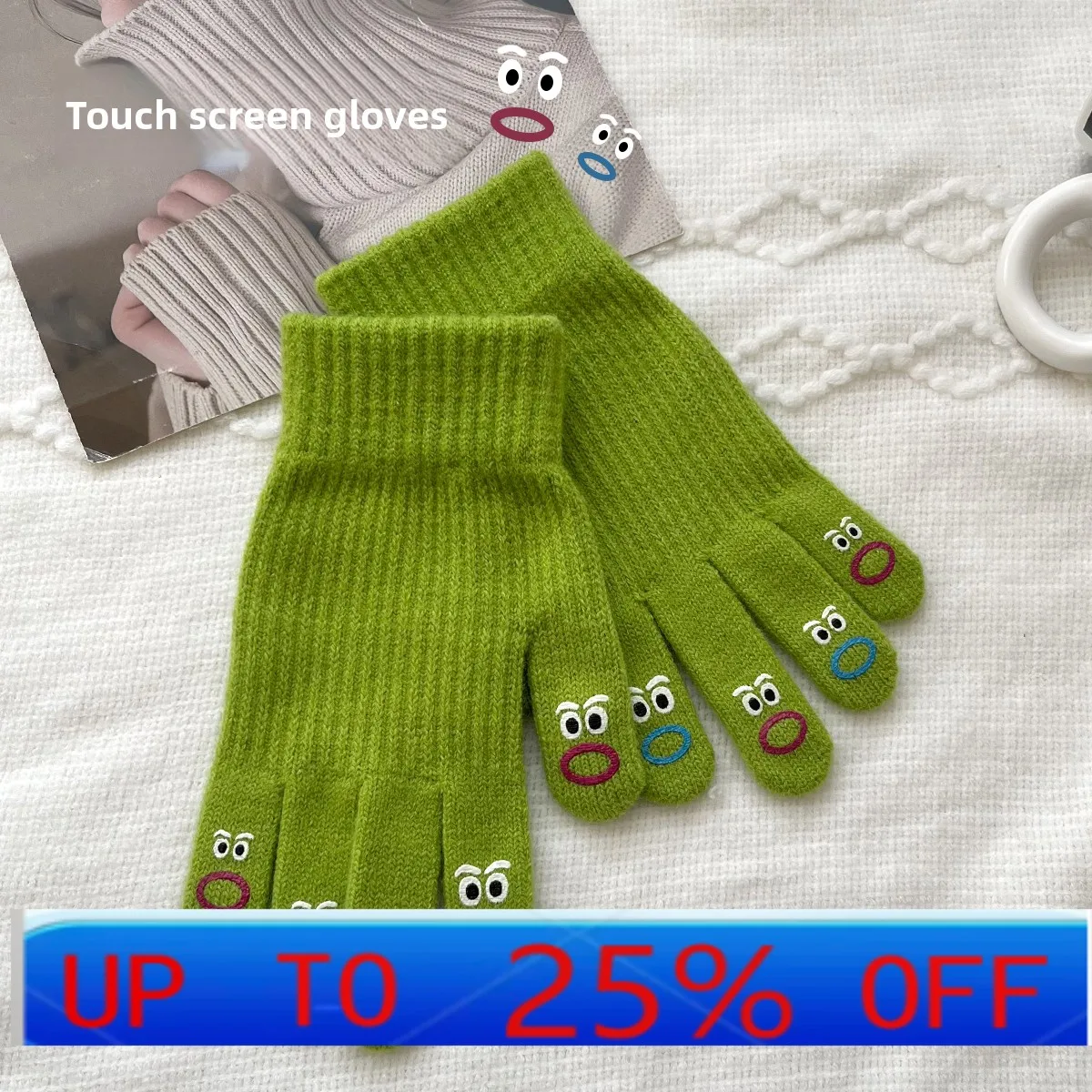 

LMM big mouth cute funny expression gloves for women winter riding five fingers thickened and warm