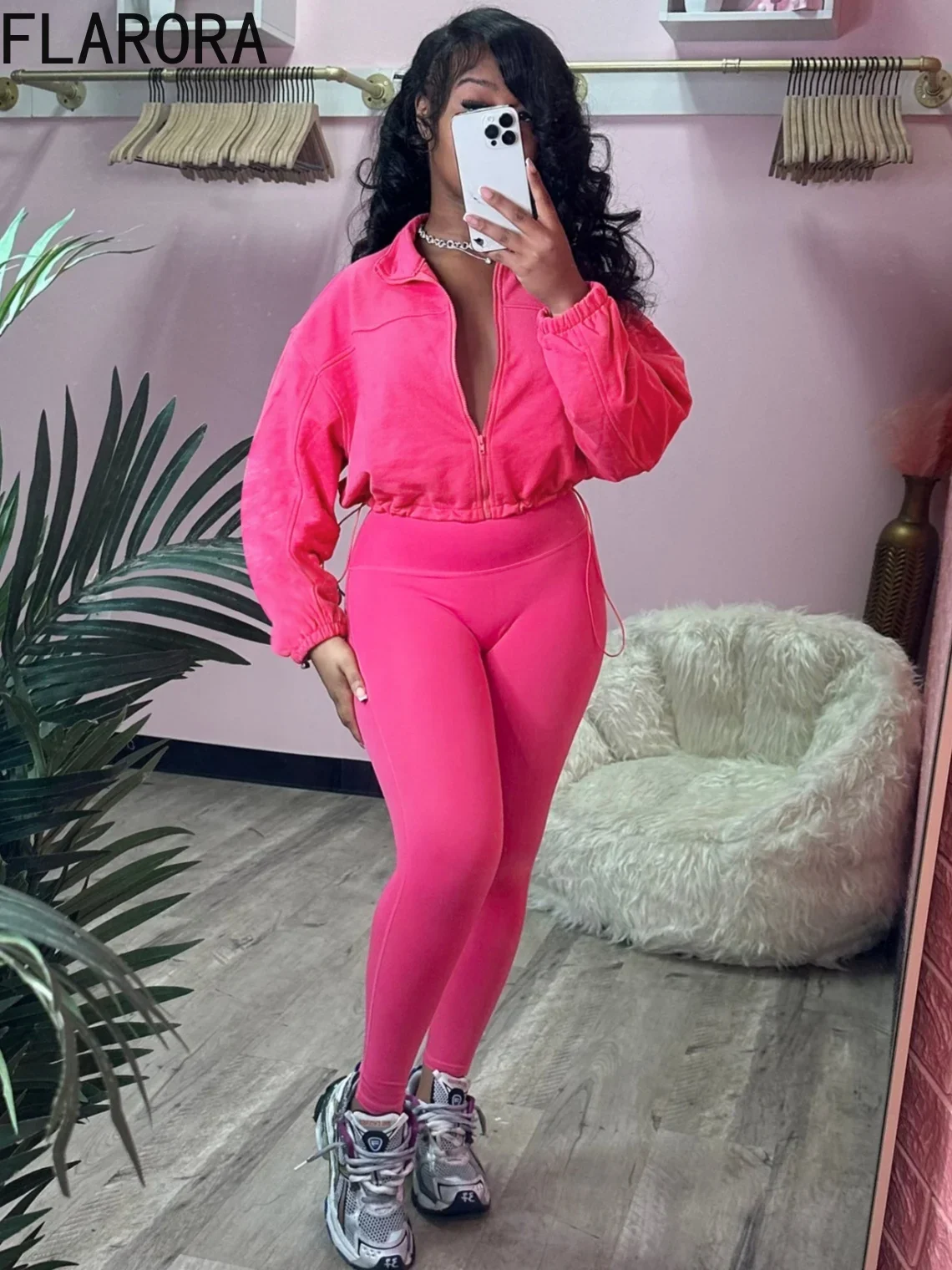 

FLARORA Casual Sproty 2pcs Sets Woman Solid Color Long Sleeve Zip Crop Coat Jacket And Skinny Pants Outfits Fitness Tracksuits