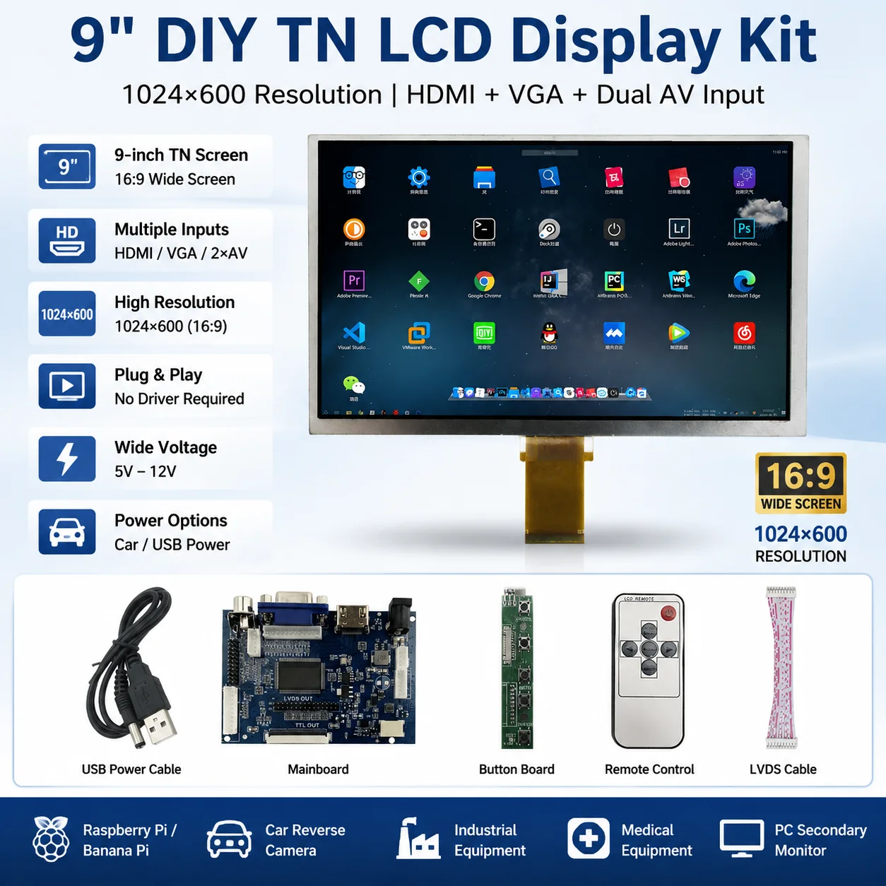

9 Inch LCD Screen Display Monitor Driver Control Board 2AV HDMI--Compatible VGA For Raspberry Pi Banana/Orange Pi Mini Computer