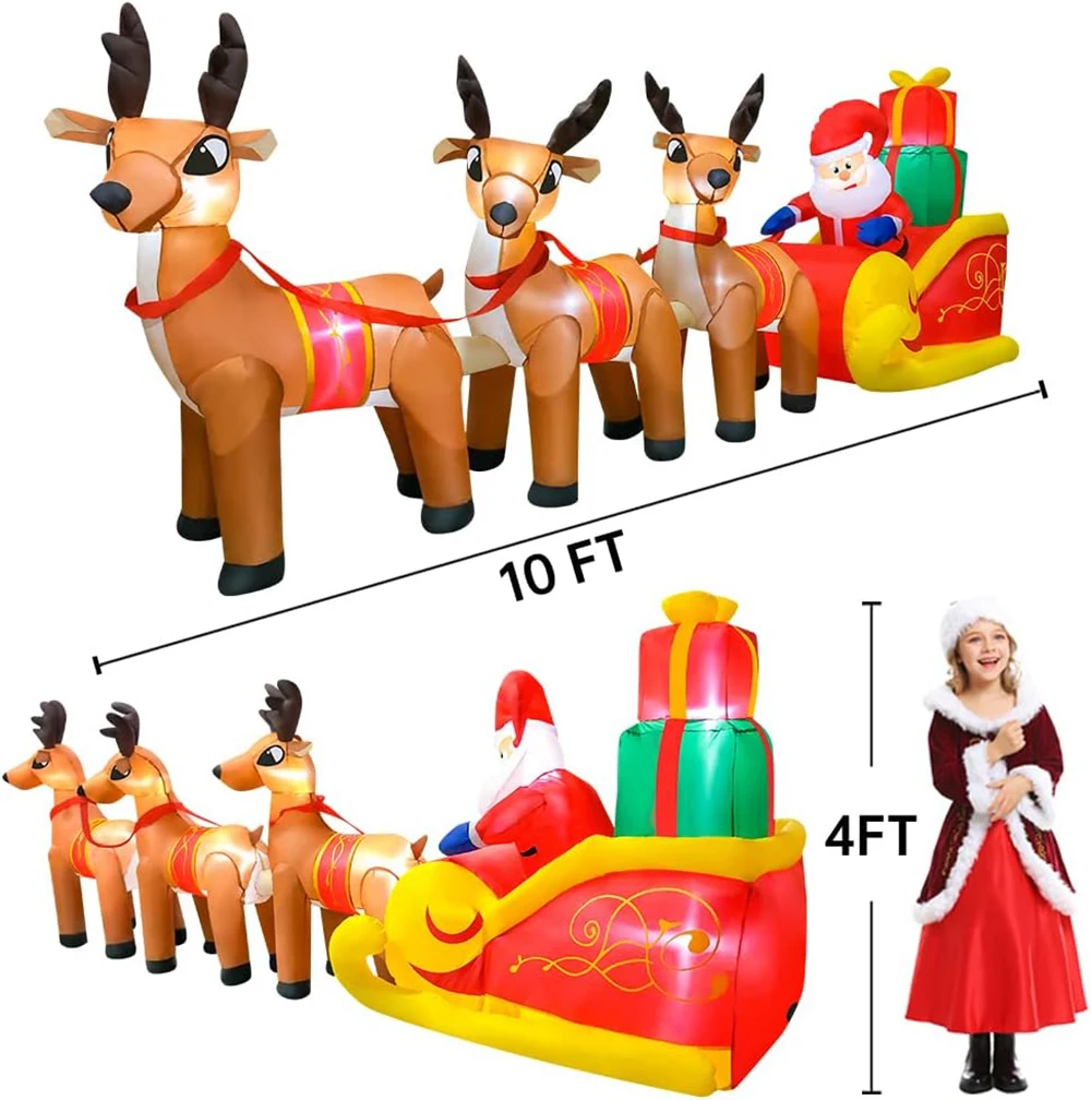 10 FT Christmas Inflatable Santa Claus on Sleigh with Three Reindeer Giant Blow Up Yard Decoration LED Lights for Winter Party