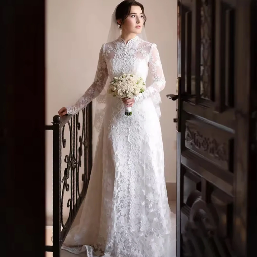 

Muslim Wedding Dresses High Neck Long Sleeve Classical Bride Dress Button Lace Mermaid Bridal Gown Customized vestidos de novia