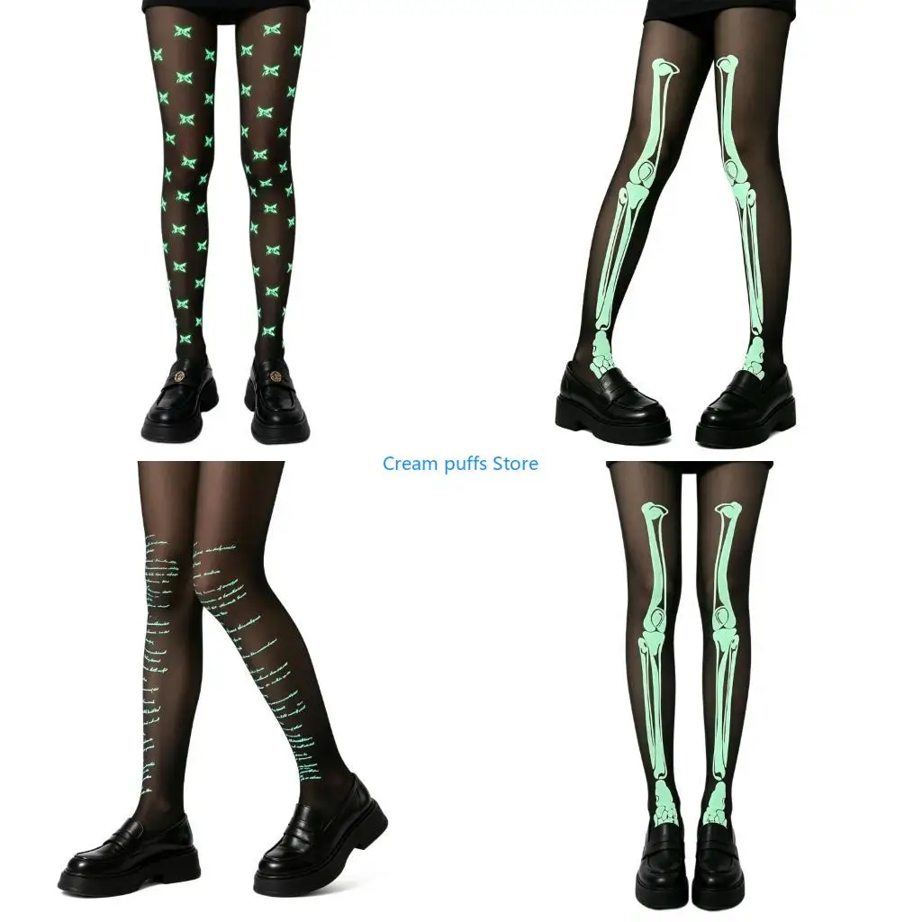 50LE Costume Luminously Tights for Women Glow Sheer Black Pantyhose for Halloween Themed Event and Party Looks