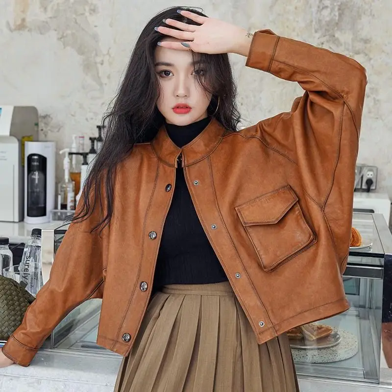 High-End Imitation Genuine Leather Coat Women\'s Short Locomotive Jacket  Spring Autumn Korean Bat Sleeve Soft Leather Outerwear