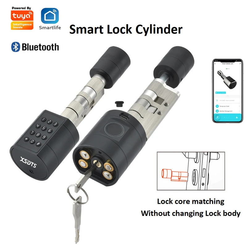 XSDTS Smart Cylinder Lock With Tuya Bluetooth App Fingerprint Password IC Card Key Include Easy Installation Replace ﻿