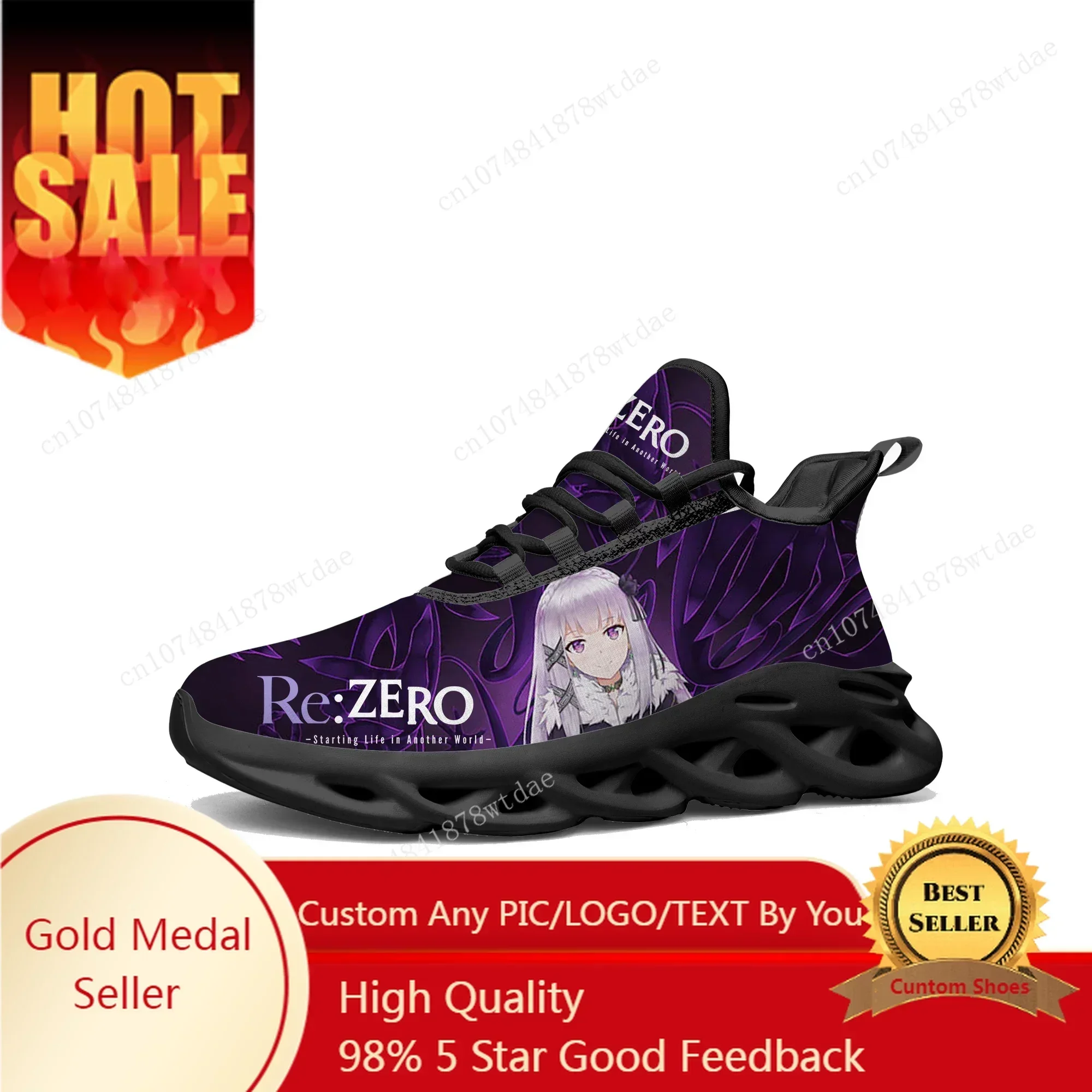 Re:Zero Flats Sneakers Mens Womens Sports Running Shoes High Quality Emilia Anime Cartoon Custom Lace Up Mesh Footwear