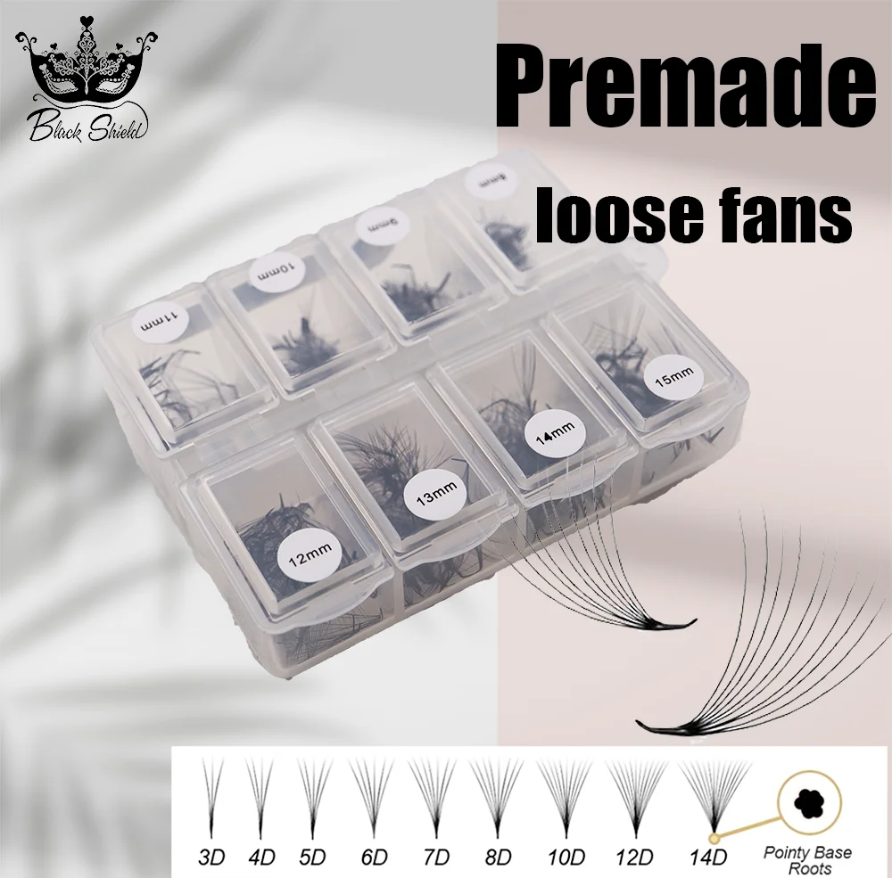 

Black Shield Loose 500 Fans Premade Lash 6D 8D 10D 8-15MM Pointy Slim Base Mix Ready Promade Russian Volume Eyelash Extension
