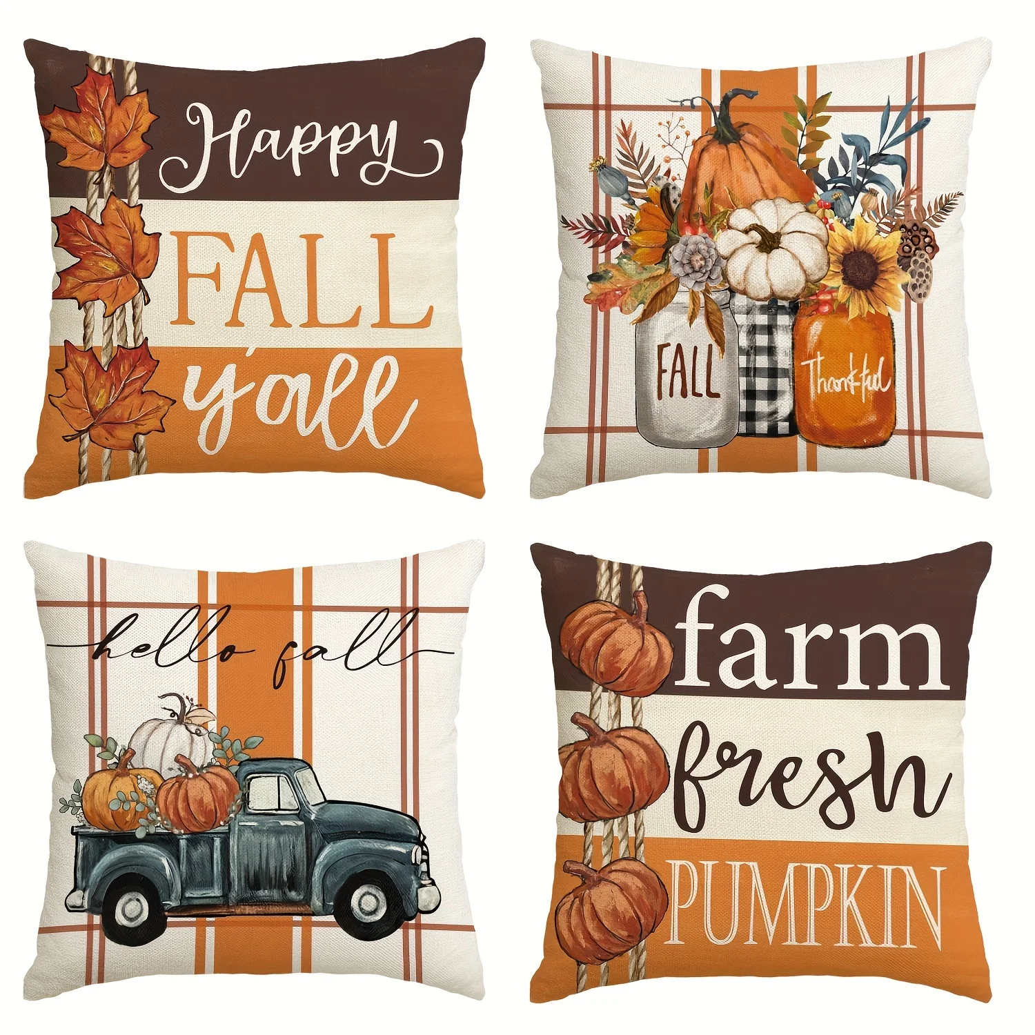 

4Pcs Fall Leaves Flower Vases Truck Throw Pillow Covers Autumn Farm Fresh Pumpkin Sunflower Thanksgiving Harvest Floral Decor