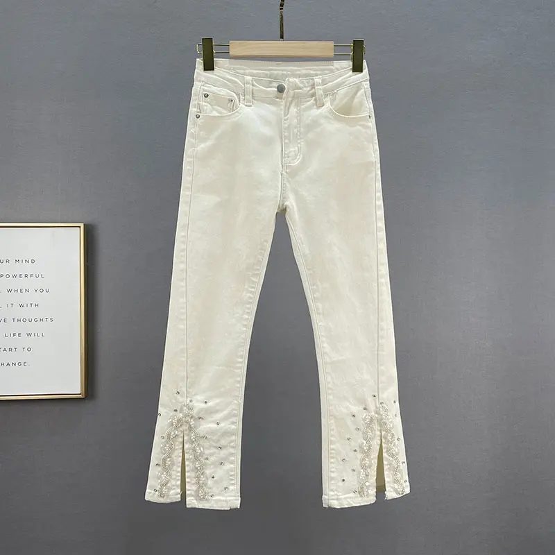 

High Waist Slim Fit Nine-Tenths Jeans Women's Spring Faion Elastic Diamond Embellied Flared Pants Cotton Stretch Denim
