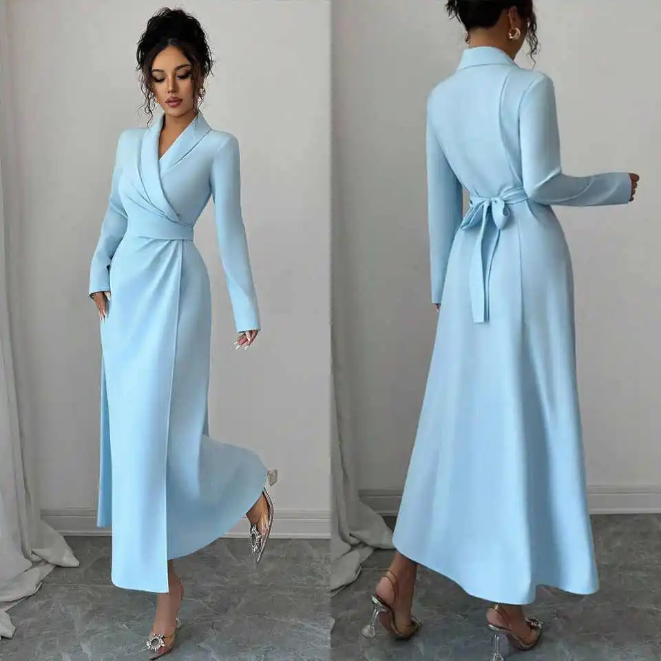 

Light Blue Women Long Jacket V Neck Long Sleeve Coat Blazer Full Length Leisure Autumn Wear Customized