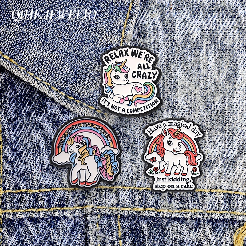 Relax We're All Crazy It's Not A Competition Unicorn Badge Cute Rainbow Unicorn & Sarcastic Quote Enamel Pin Lapel Jewelry Badge