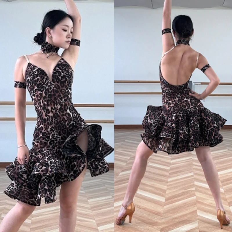 ليوبارد اللاتينية فستان رقص المرأة مثير هيكل السمكة فستان المنافسة الملابس تشا تشا رومبا السامبا أداء الرقص زي BL16902