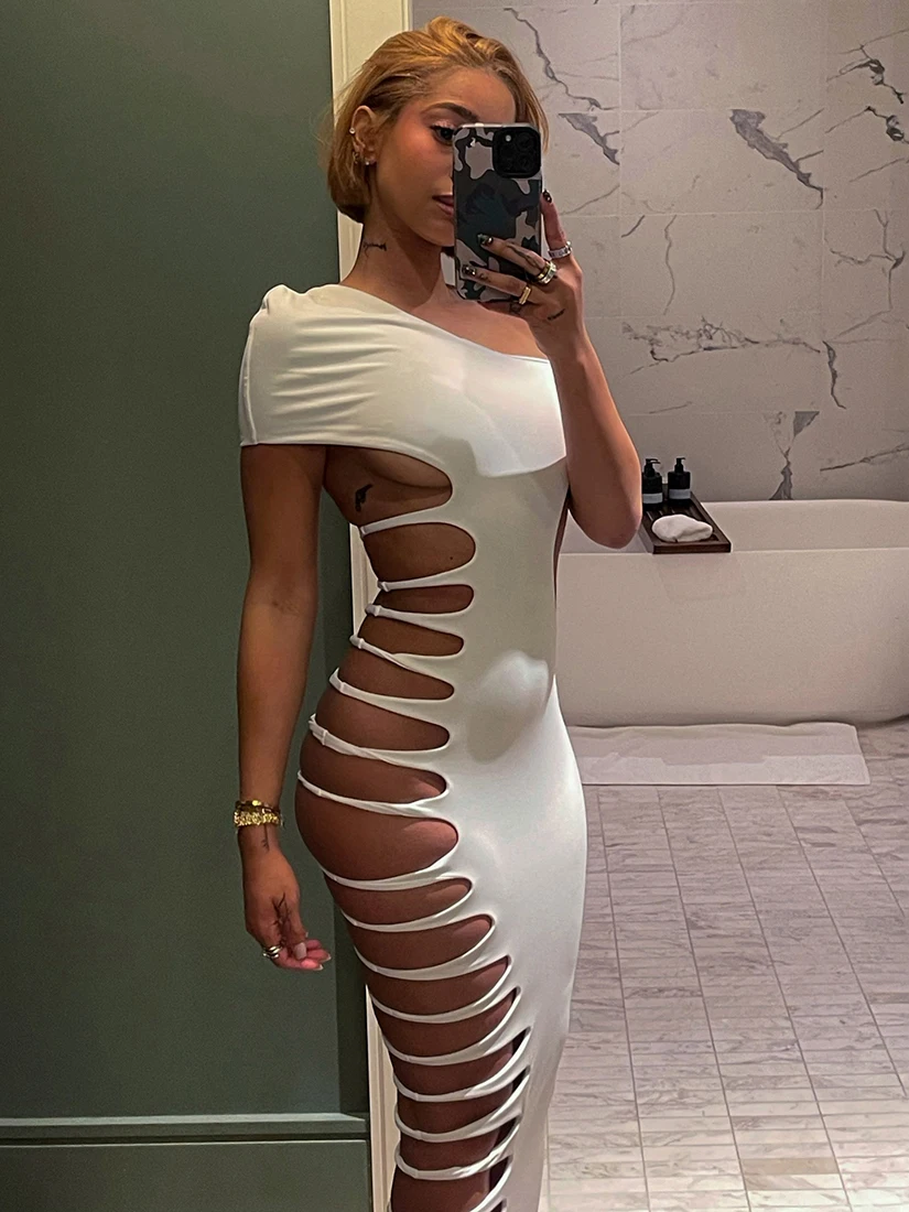 

Sisjuly Sexy Multi-Curves Wrap Hollow Design Slim Fit Shoulder Gown Women Autumn Short Sleeve Vest Dress H-Shape