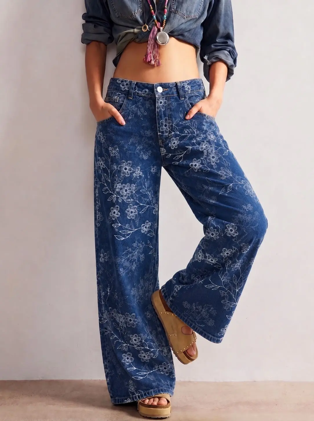 European and American High-waisted Floral Print Wide-leg Denim Jeans Jeans Woman