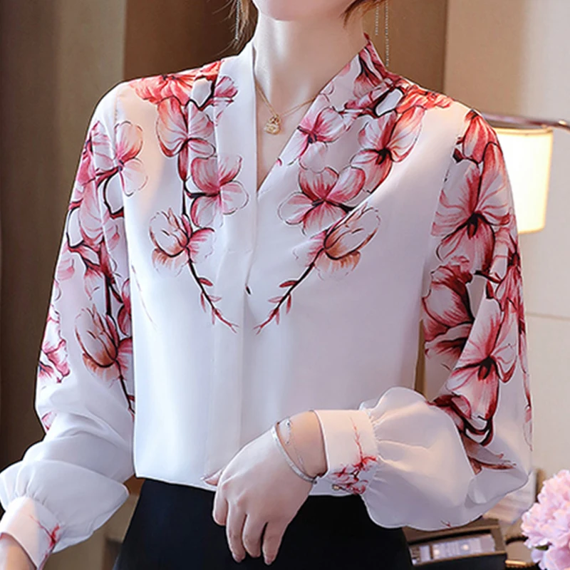 Blouses Femme White Blouse Long Sleeve Blouse Women Blusas Mujer De Moda 2024 V-Neck Print Chiffon Shirt Women Tops Blusas E699