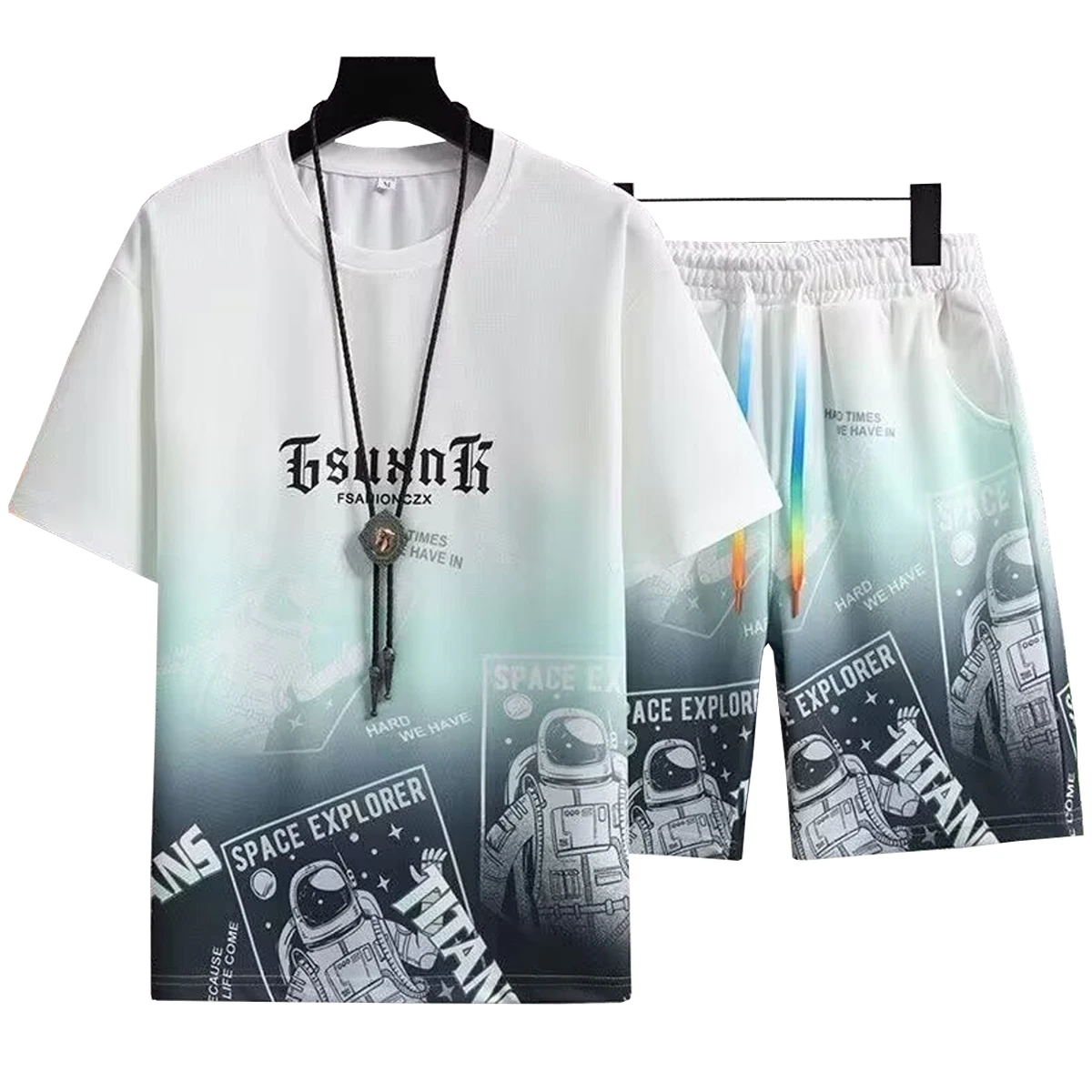 Men's Short Sleeved Round Neck T-shirt Casual Five Quarter Shorts Set Gradient Color Summer Sports Young Student Clothing