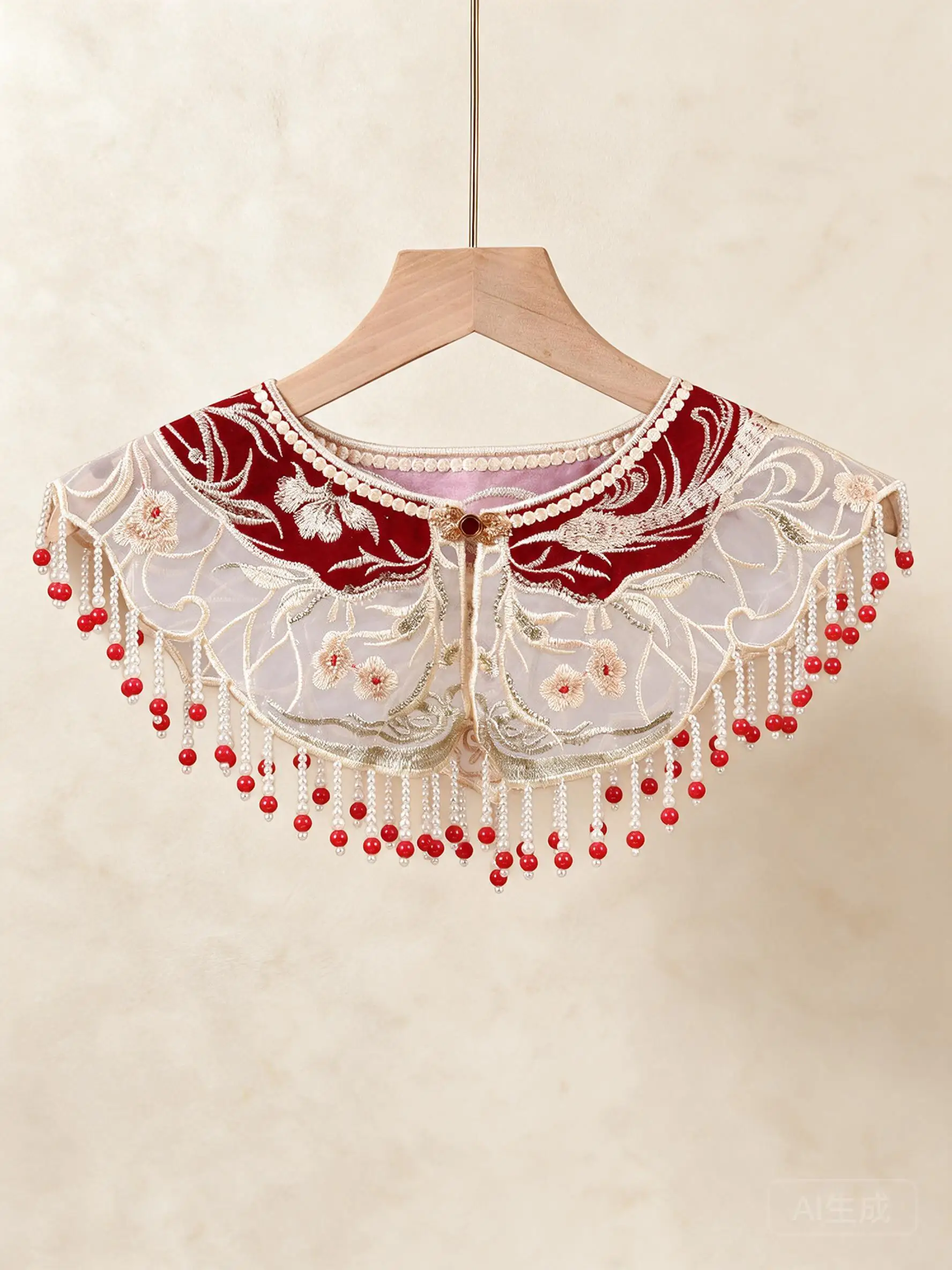 Chinese Traditional Embroidered Beaded Tassel Detachable Cloud Shoulder Collar Shawl For Cheongsam Hanfu Wedding Engagement Red