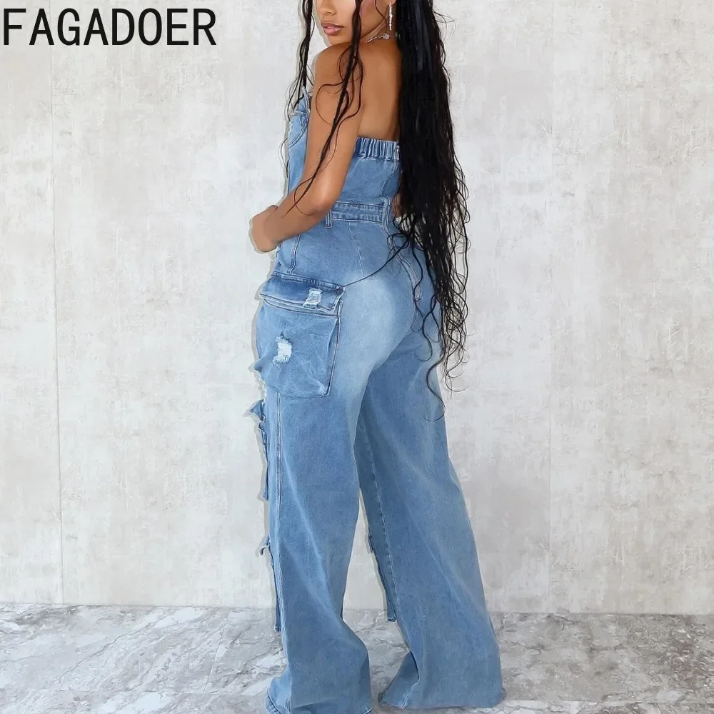 FAGADOER Fashion Sexy Denim Jumpsuits for Women Off Shoulder Buttons Cargo Pockets One Piece Wide Leg Jean Overalls Streetwear