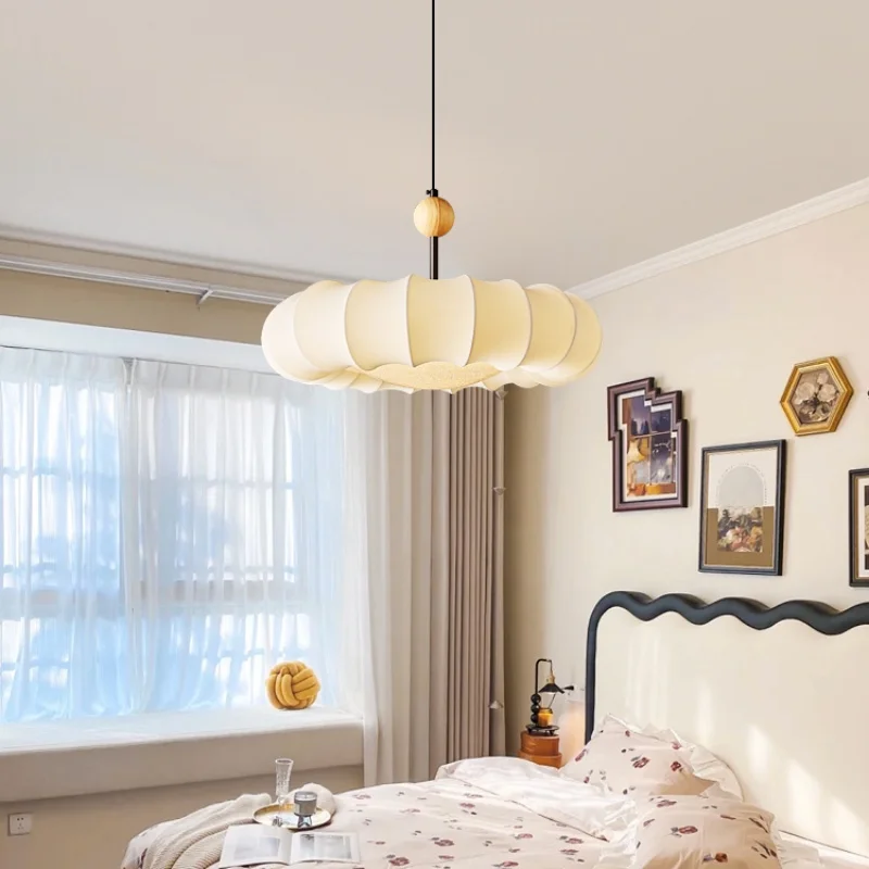 French style bedroom pendant light retro pumpkin art hanging lamp dining room light luxury copper cloth cover lighting fixture