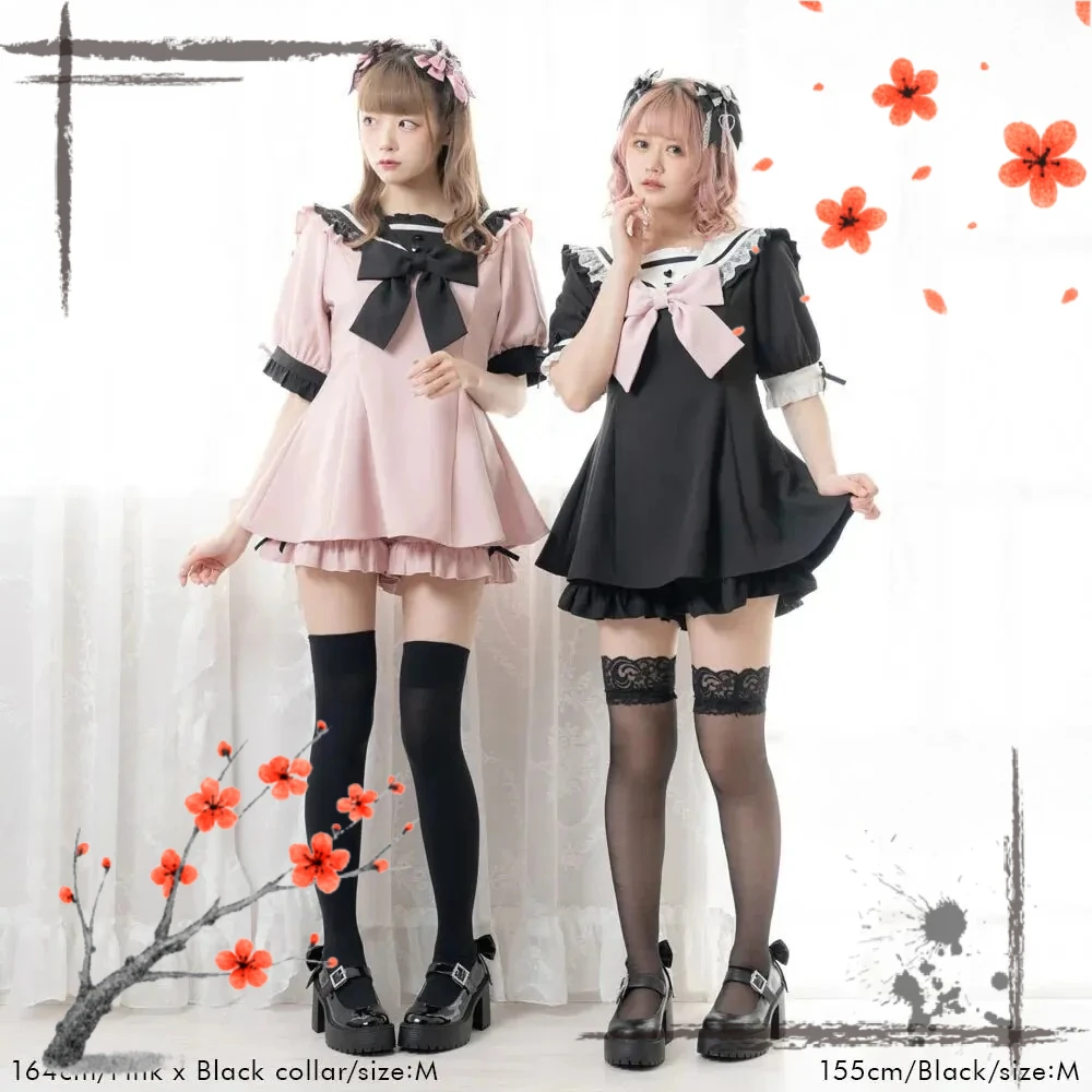 

Japanese Sweet Cute Lace Navy Collar Bow Fungus Short Sleeved Contrasting Color Lolita Dress Black Shorts Two Pieces Sets Women