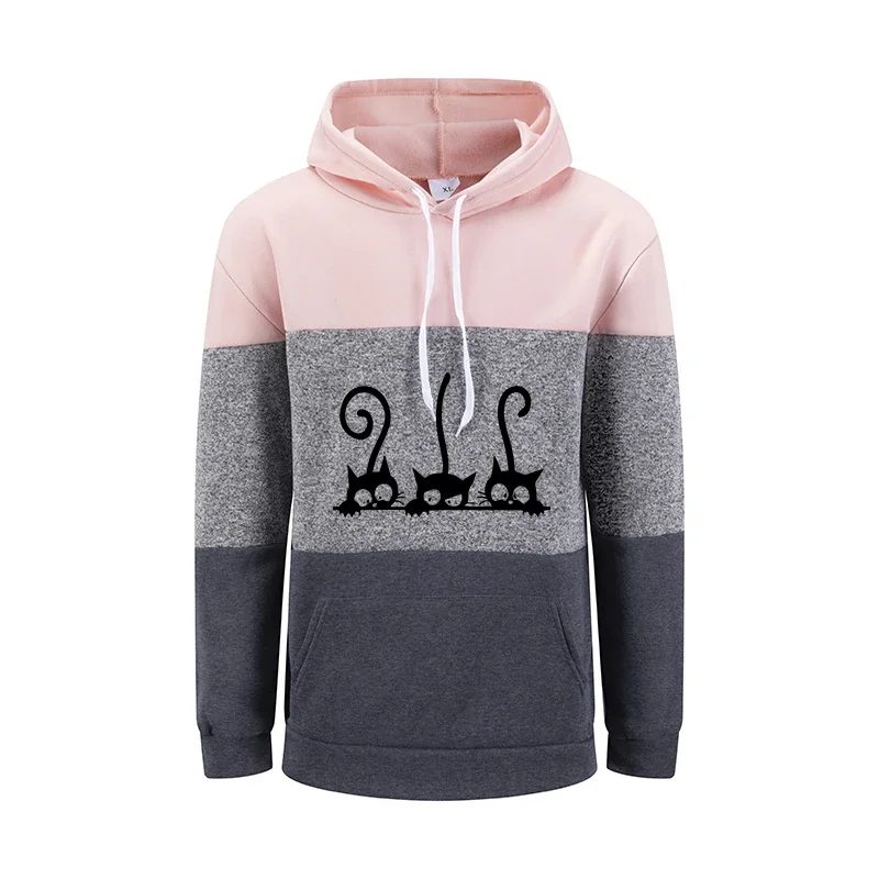Bloco de cores das mulheres hoodies bonito gato impressão casual moletom esportes jogging topos casa quente conforto emenda roupas femininas