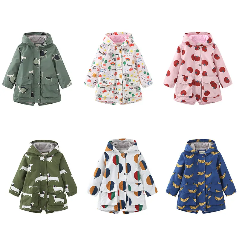 2024 Winter Boy Girl Coats Hooded Baby Children Cartoon Printed Long Jacket Fleece Outdoor Warm Windproof Rain Kids Top Clothes