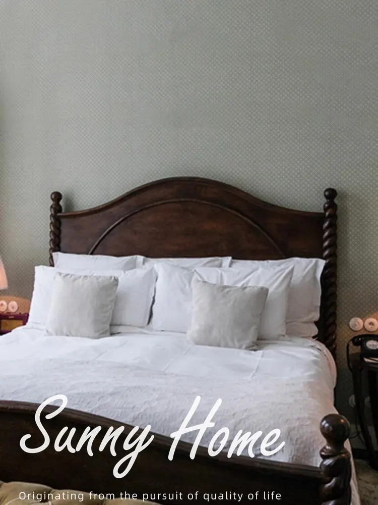 PYH solid wood pillar neoclassical double bed simple homestay 1.8 meters retro master bedroom wedding bed