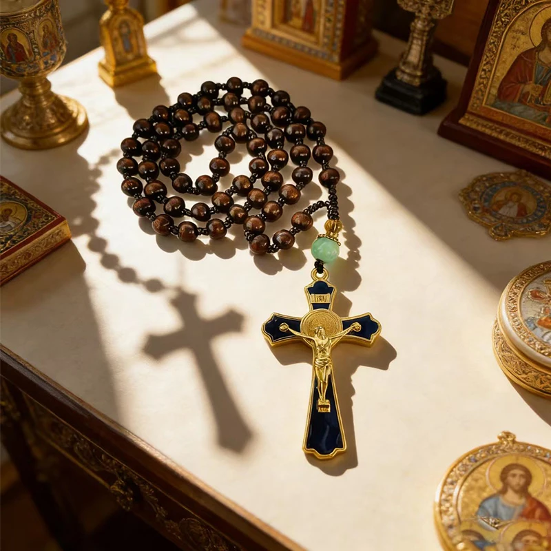 New Orthodox Christian Chotki Dark Brown Wooden Prayer Beads With Gold Blue Enamel Crucifix And Green Jade Bead For Daily Prayer