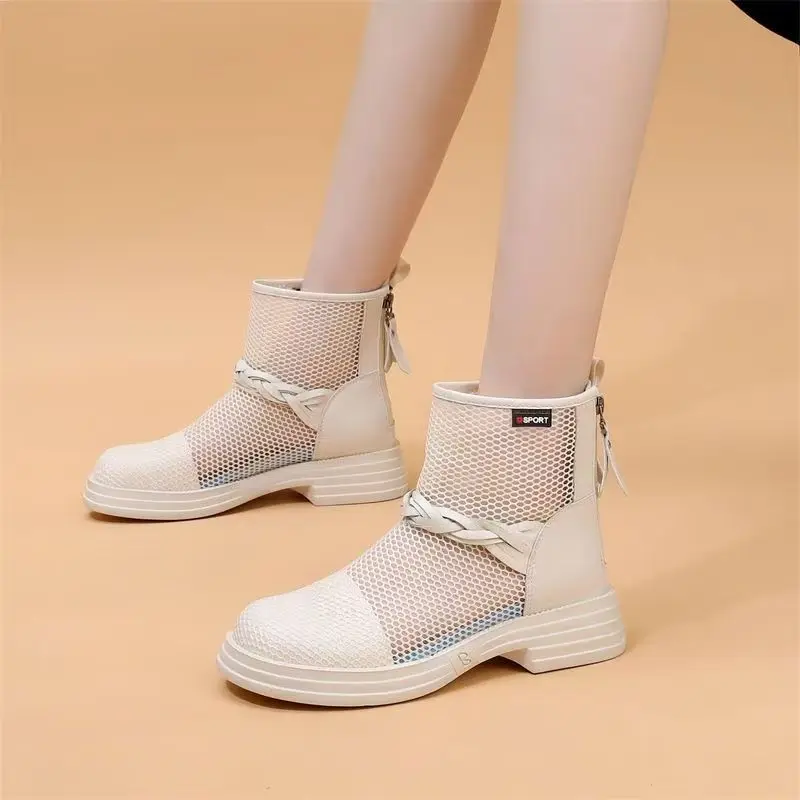 Женские ботинки с высоким берцем и сеткой на блочном каблуке, весна-лето, новые ботильоны на мягкой подошве, нескользящие, с круглым носком, на низком каблуке, на молнии, тонкие ботильоны