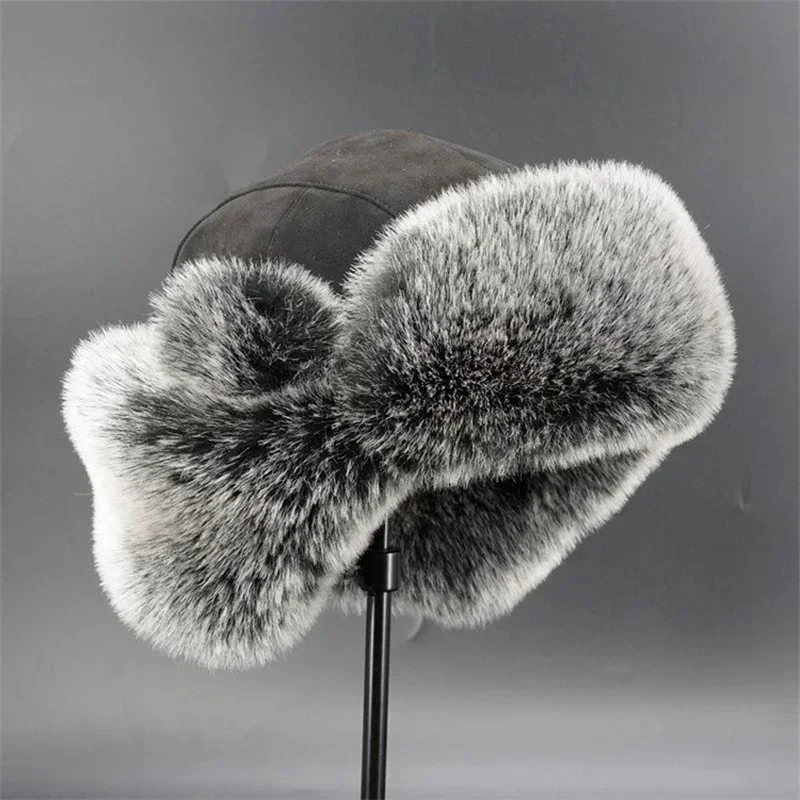 Winter Russian Man & Woman Wholeskin Natural Rex Rabbit Fur Hats Luxury Real Sheep Skin Leather Cap Unisex Real Fur Bomber Hat