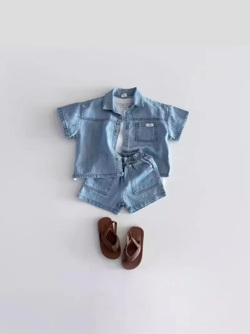 Conjunto jeans de manga curta para bebê, shorts e cardigã infantil, roupas versáteis e respiráveis para menino e menina, novo, verão, 2 peças, 2024