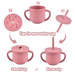 Silicone Double Handle Straw Cup do bebê, portátil, anti-escaldante, anti-queda, especial com tampa, copo de lanche infantil, sem BPA