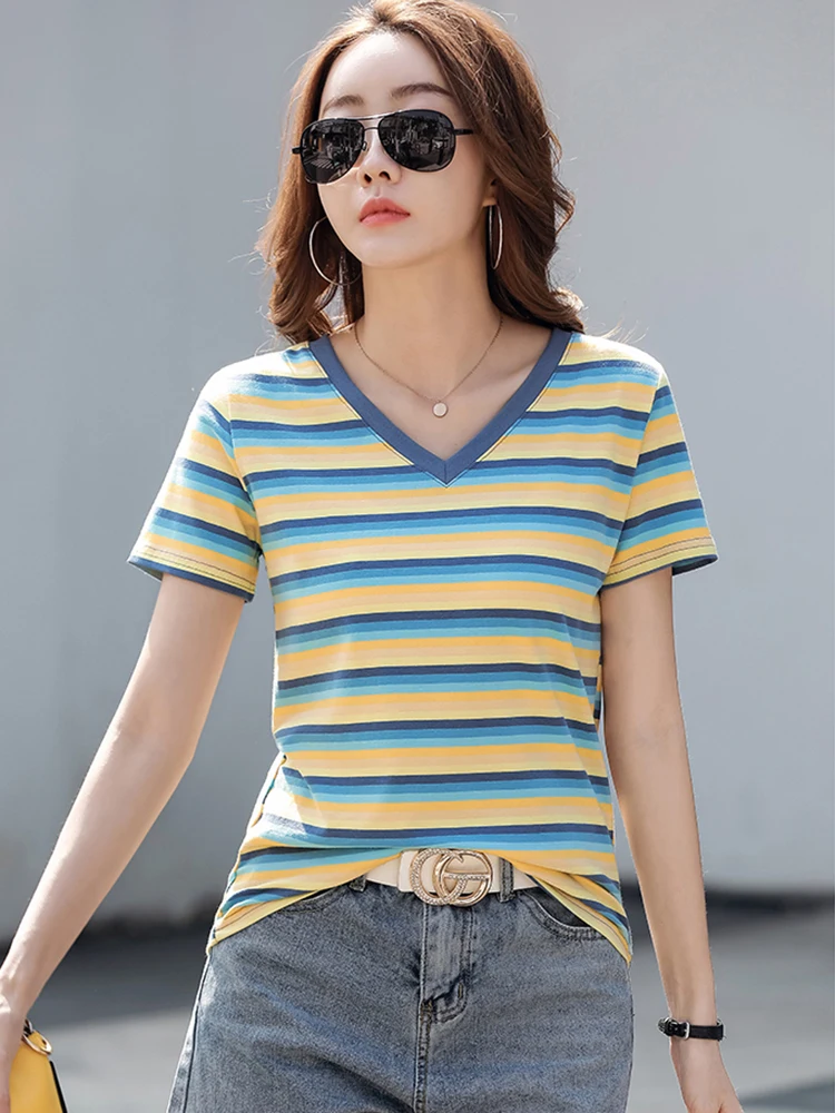 

2024 Summer Gradient Striped T-Shirts Women Short Sleeve Top Tee Shirt Cotton Soft Casual V-neck Female Streetwear Tshirt Tops