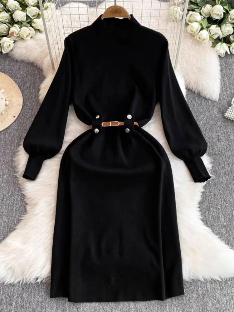 Women Knitted Dress Autumn Winter Slim Long Sleeve Korean Dresses Ladies Elegant Solid Casual Sweater Dress Robe Vestidos