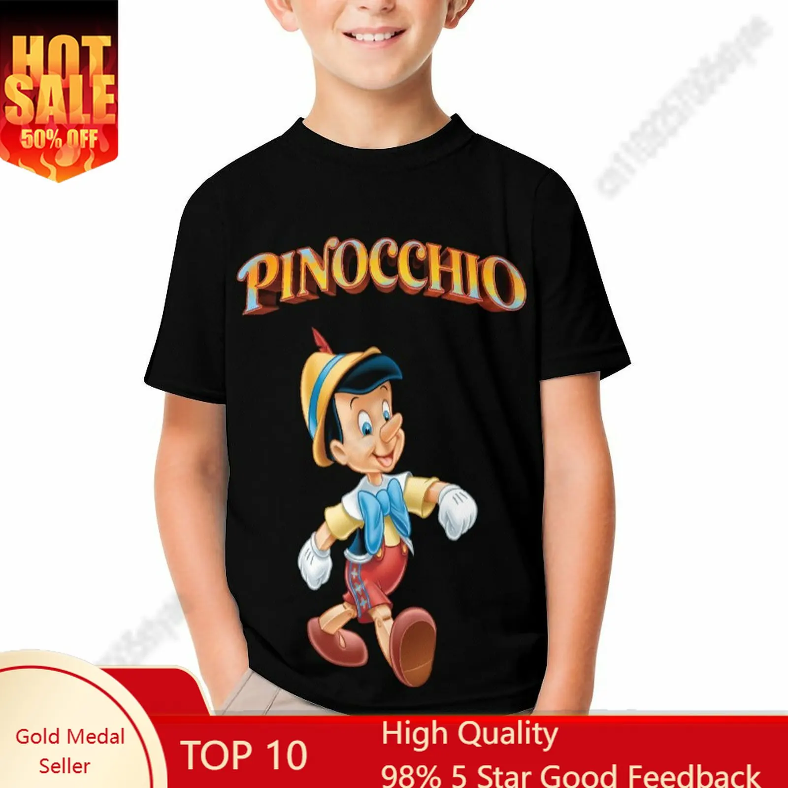 

The Adventures of Pinocchio T Shirt Boy Girl Short Sleeve Print Fashionable Cute Casual Cotton Crew Neck Children Child Tee