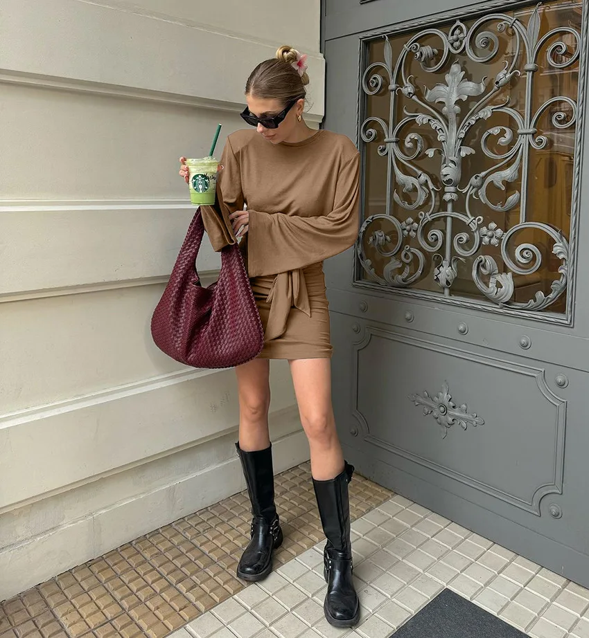 2025 Mocha Sculpting Knit Bodycon Dress Flutter Sleeve & Waist Tie Detail Curve-Flattering Day to Dusk Mini Café Dates to Clubs