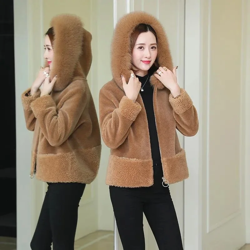 Faux Fur Coat Women\'s Sheep Shearling Autumn And Winter New Granular Velvet Korean Coat Short Fox Fur Collar Hooded Coat Female