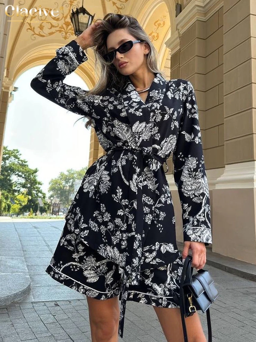 

Clacive Fashion Loose Print 2 Piece Set Women Outfit 2025 Elegant Long Sleeve Robes With High Waist Shorts Set Female Streetwear