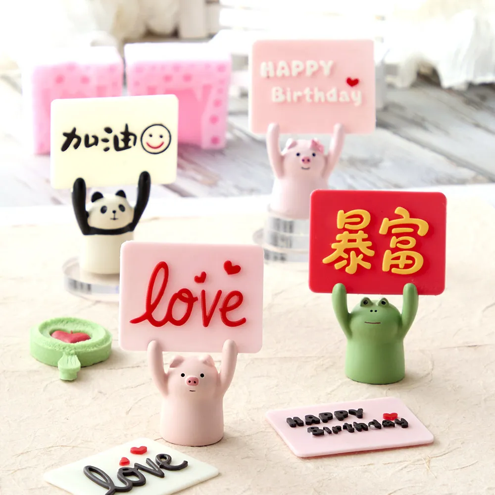 

Cartoon Animal Silicone Molds 3d Panda Frog Piggy Holding A Plaque,get Rich,Come on, LOVE Chocolate Cake Mold Epoxy Reins Molds