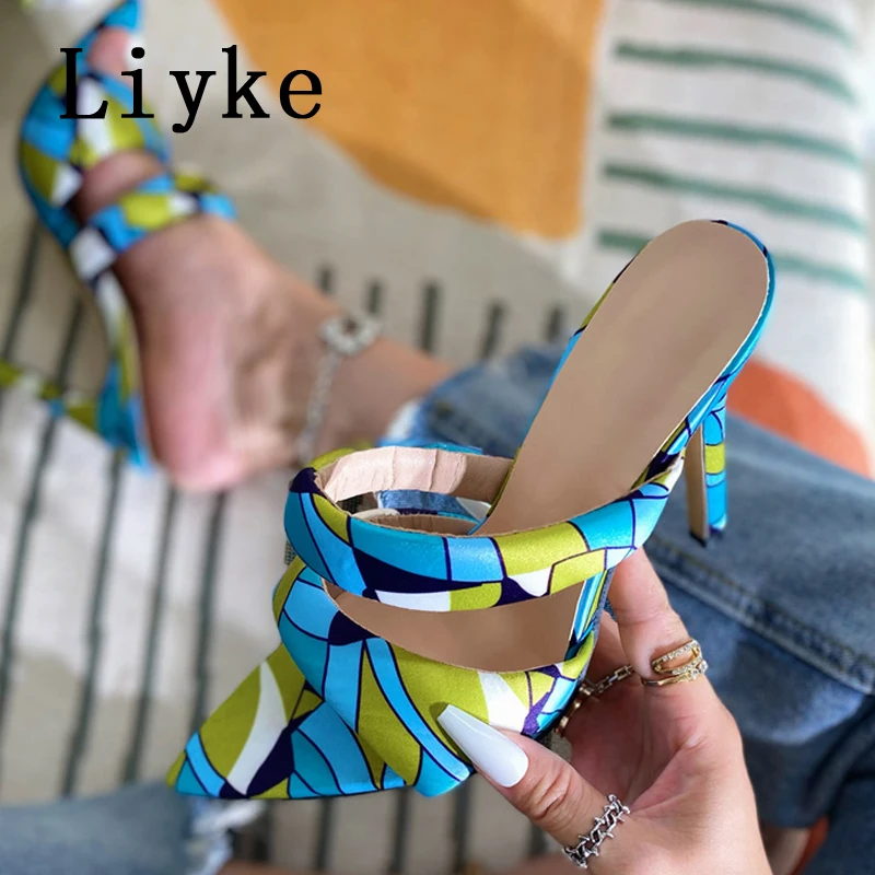 Liyke Sexy High Heels Slipper For Women Summer Cozy PU Leather Narrow Band Pointed Toe Slides Stripper Party Sandal Mule Shoes