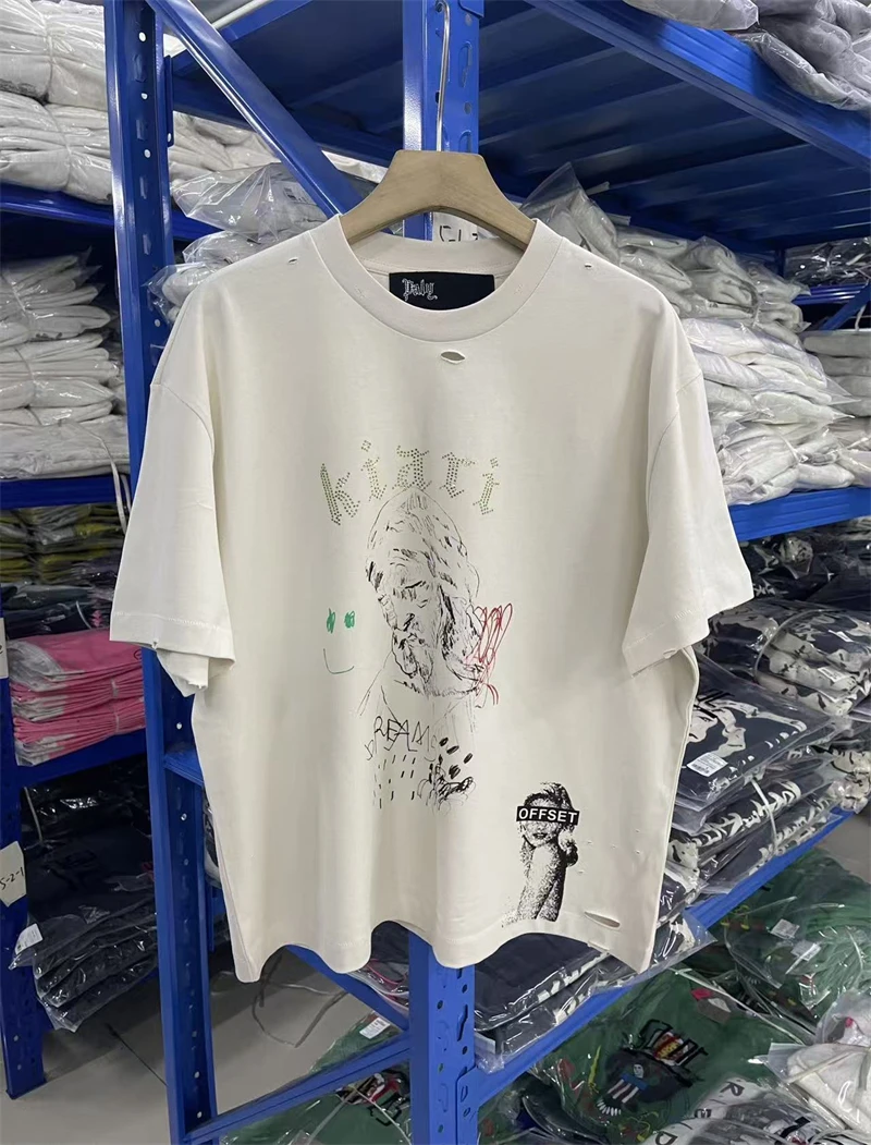 

Vintage PALY Rhinestone Portrait Smiley Face Graffiti Print Short Sleeved High Street Versatile Trendy Round Neck Cotton T-shirt