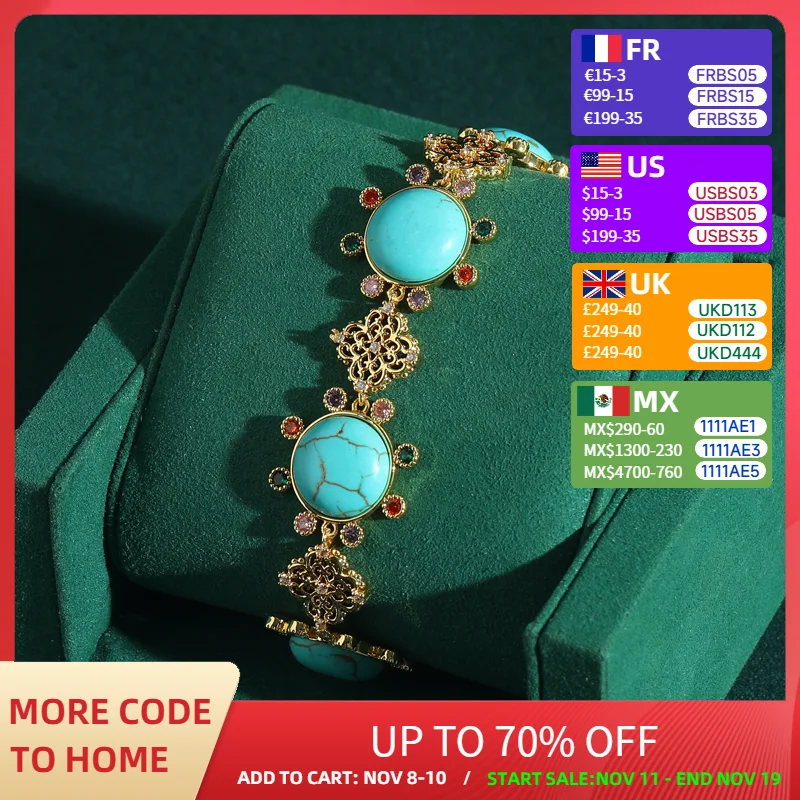 

Vintage Blue Turquoise Bracelet For Woman Colorful Rhinestones Gold Color Sunflower Antique Bohemian Jewelry Accessories Boho