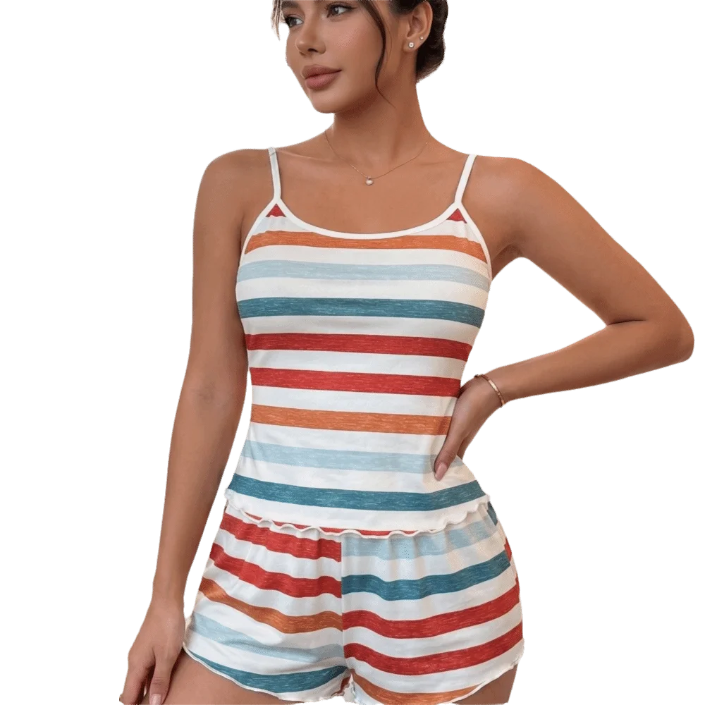 Casual Colorful Striped Sleepwear Set Ruffle Comfortable Women's Pajamas Set Sleeveless Loungewear Set Home Lounge