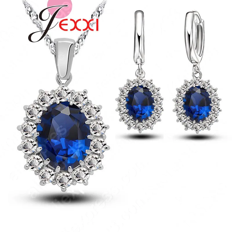 

Authentic 925 Sterling Silver Bridal Jewelry Sets Princess Oval Zircon Crystal Necklace Earrings Set Women Wedding Party Gift