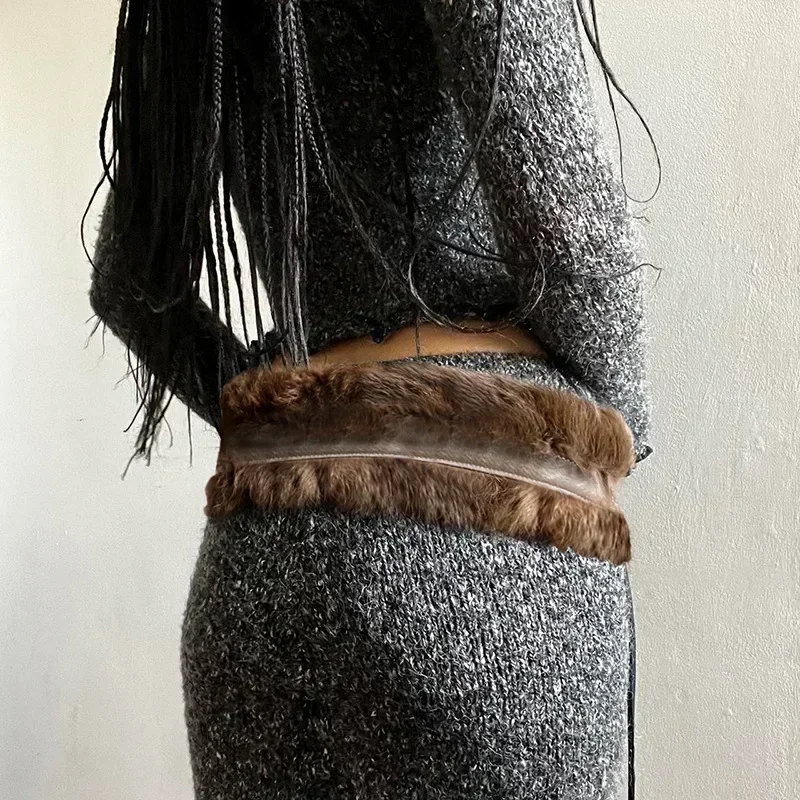 Vintage Brown PU Leather Fur Belt Y2K Hook Furry Fur Belt Cowgirl Gothic Punk Sexy Belts HipHop Waistband Jeans Pants Decor