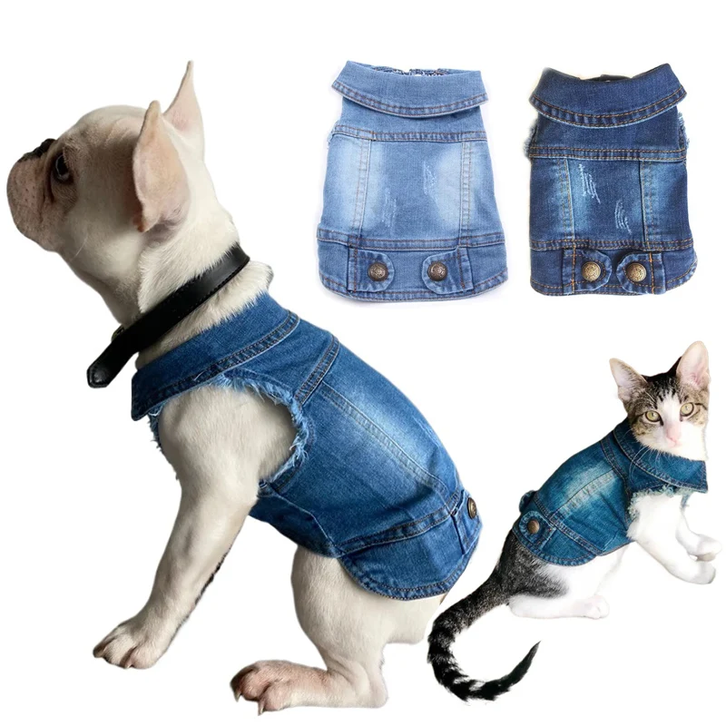 Pet Dog Denim Jacket Spring Dog Clothes for Small Medium Breeds Dogs Design Puppy Vintage Washed Jeans Vest Coat Bulldog Terrier