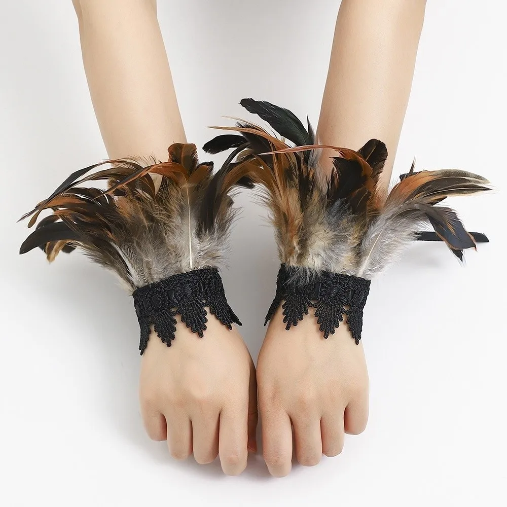 Vintage Black Lace Fluffy Feather Wrist Cuffs Adjustable Chic Halloween Arm Cuff Gloves Lightweight Gothic Wristband Cosplay